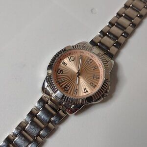 Silver Tone Metal Watch With Orangish Pink Dial